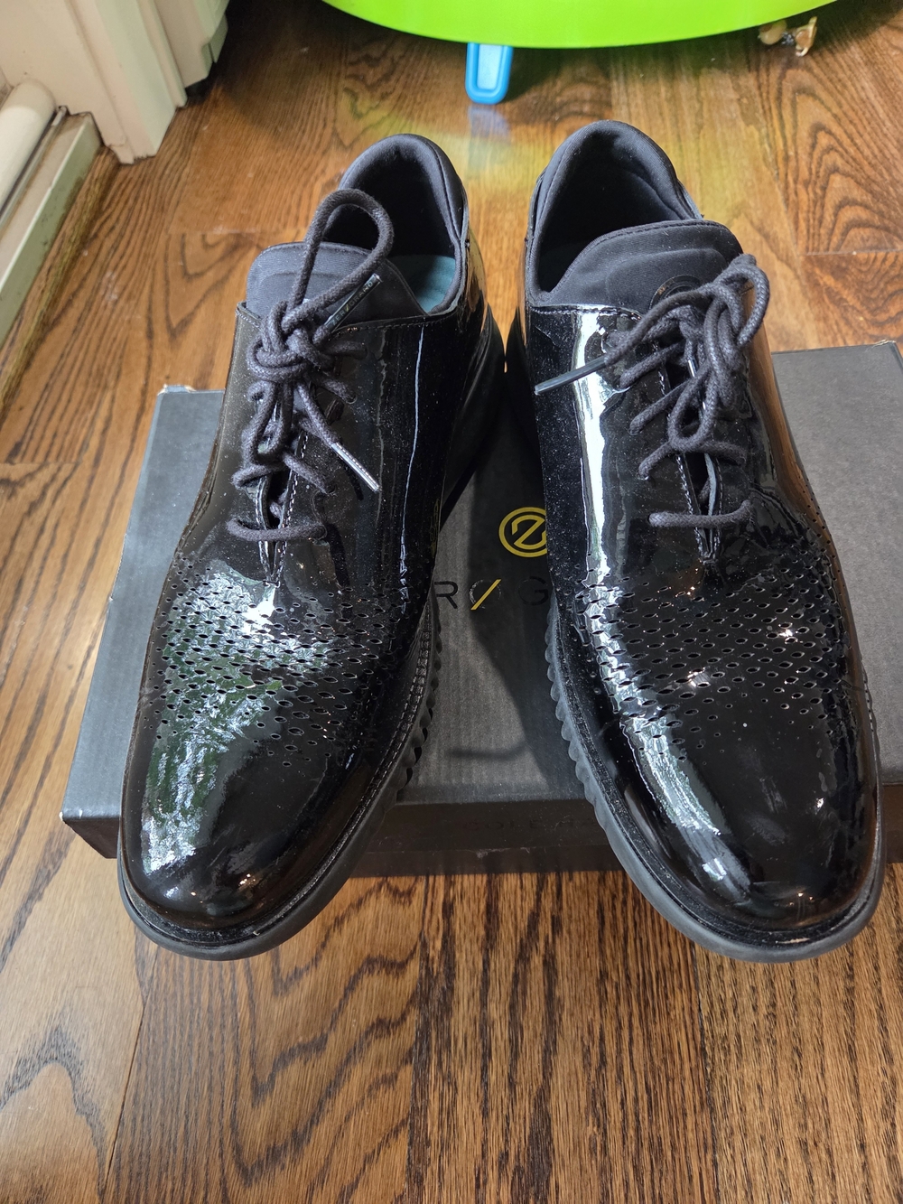 Cole Haan Zerogrand Black Patent Leather Perforated Oxfords, Size 10.5